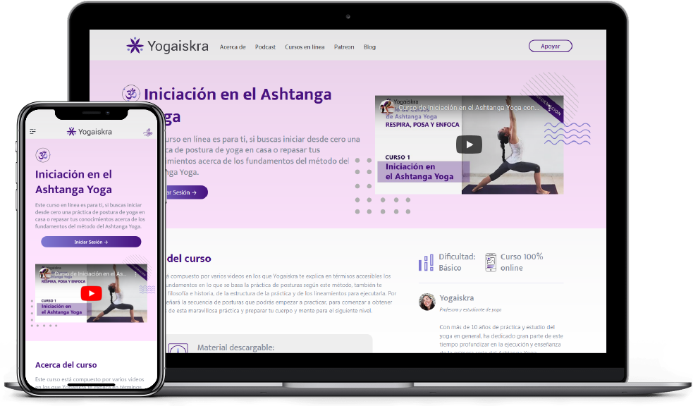 Mockup de la página del curso de iniciación en el Ashtanga yoga en vista de teléfono y laptop